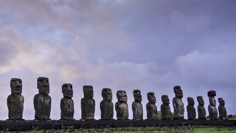Timelapse of Moai statues at Ahu Tongariki on dawn time at Easter Island, Chile, 4K