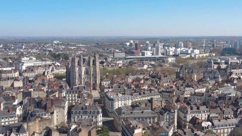 France, Nantes, Cathédrale Saint Pierre et Saint Paul church, drone shot aerial view starting from Tour Bretagne tower