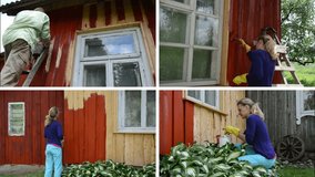 Woman and man on ladder paint wooden house. Old country house renewal works. Montage of video footage clips collage. Split screen. White angular frame. 4K UHD 2160p