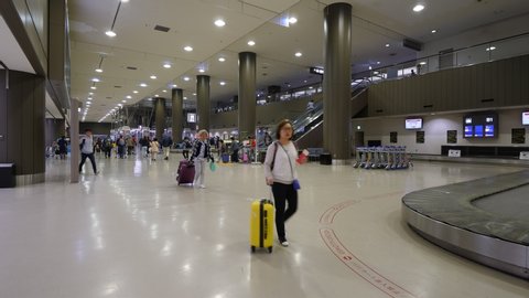 TOKYO - APRIL 02, 2018: Arrival hall of Narita International Airport, luggage claim area. Few unidentified passengers walk to baggage belts after passing passport control. Man with pet carrier walk by