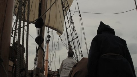 MID ATLANTIC - OCTOBER 2018 - Reenactment, recreation of early, pre-20th century sailing ships - Europe to the New World. Pirates, Exploration, boat, tall-ship, rigging, masts and giant sails at sea.