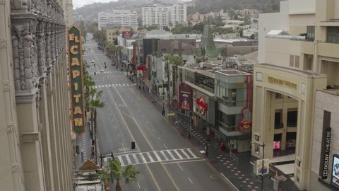 CIRCA 2020 - aerial of the streets of Hollywood and Los Angeles are abandoned and empty during the Covid-19 corona virus outbreak.