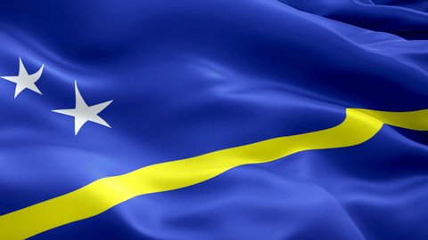 Curaçao flag Closeup 1080p Full HD 1920X1080 footage video waving in wind. National Willemstad 3d Curaçao flag waving. Sign of Curacao seamless loop animation. Curaçao flag HD resolution Background 10