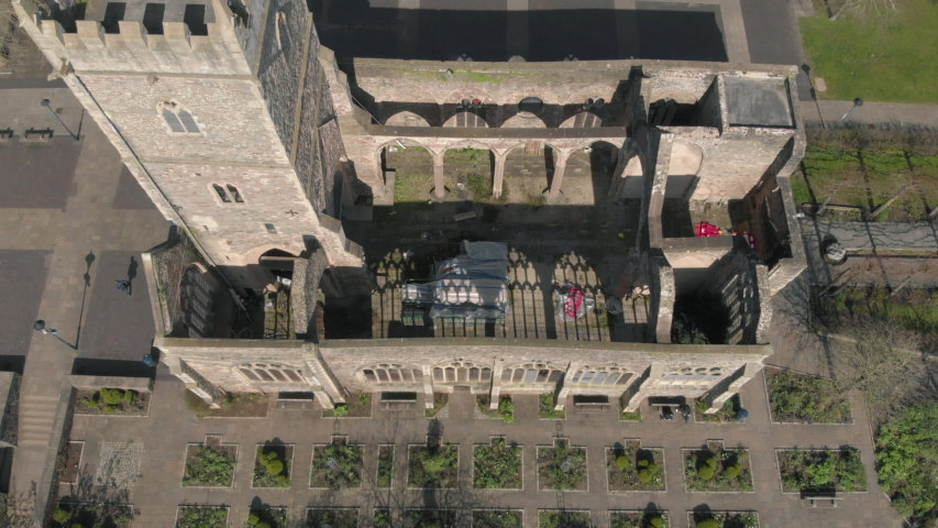 Aerial view of bombed World War II ruins of St Peters Church, Bristol UK