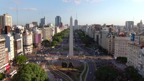 Buenos Aires, Argentina - February 04, 2020: Aerial view of historical landmark Obelisk of Buenos Aires on 9 de Julio Avenue during summer in Buenos Aires, Argentina. 