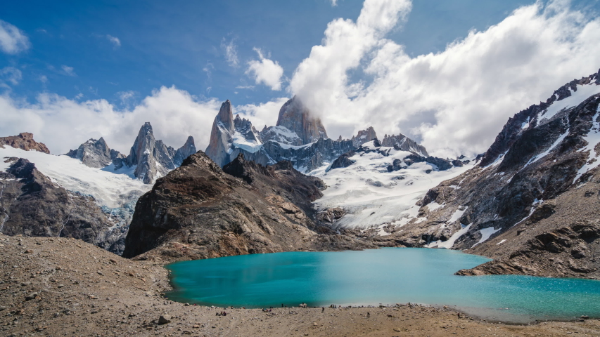 Time lapse view of Mount Fitz Roy and Laguna de los Tres in El Chalten, Patagonia Argentina, South America.  