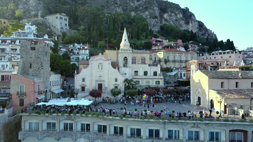 Drone flight over the main square of Taormina, aerial view