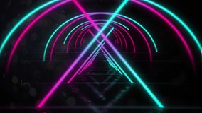 Animation of tunnel of neon glowing bright geometric triangle and arch outlines in pink, blue and purple moving in seamless loop in hypnotic motion on black background. Abstract colour and vintage