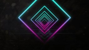Animation of tunnel of neon glowing bright geometric diamond outlines in turquoise and pink moving in seamless loop in hypnotic motion on black background. Abstract colour and vintage video game