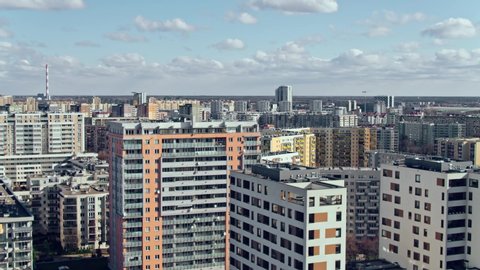 Aerial View of Warsaw, block of flats in the Gocław district. Beautiful sunny day, shot in 5.2K CDNG, Warszawa, Poland, Polska