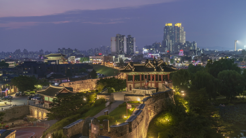 Night time lapse of Dongbukgakru, Suwon Hwaseong Fortress in sumer, Gyeonggi-do South Korea. 