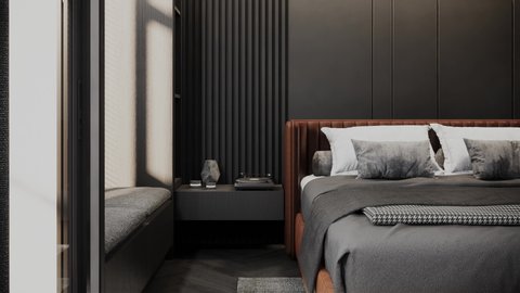 d rendering bedroom interior decorated by dark tone luxury furniture, empty photo frame, grey color concrete wall. 