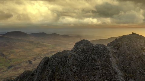 Tryfan mountain aerial timelapse at sunrise in Snowdonia