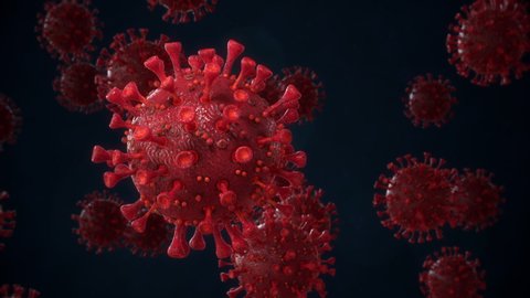 Novel coronavirus close up. Virus under microscope. SARS-CoV-2 2019-nCov COVID-19 pandemic outbreak concept. Realistic high quality medical 3d animation. Red center version