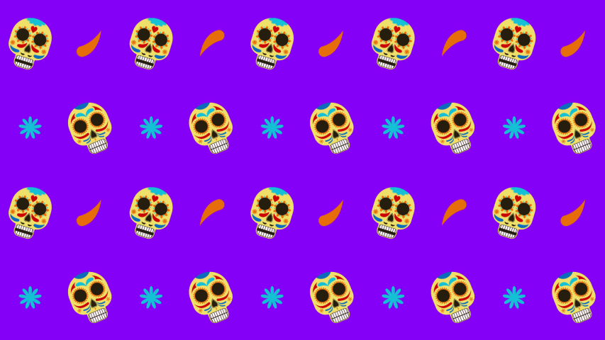 Animation of multiple rows of Mexican skulls, blue stars and chilli peppers moving in formation on purple background. Emoji and tradition concept digitally generated image.