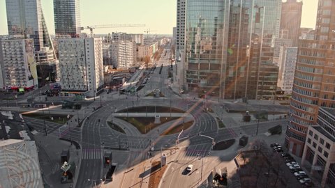 
Aerial View of Warsaw, empty ONZ roundabout. Beautiful sunny day, shooted in 5.2K CDNG, Warszawa, Poland, Polska