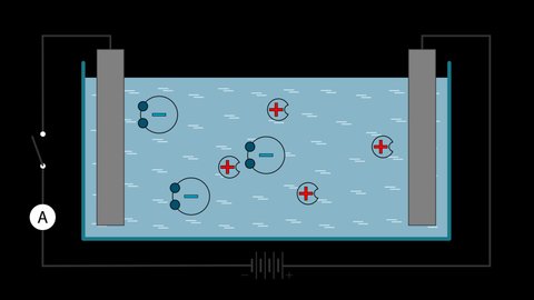 Visual animation demonstrates the concept of electrolysis in a liquid conductor