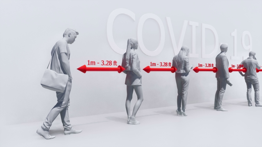 Graphic concept of taking precautions and avoid close contact in pandemic of COVID-19 virus. Monochrome schematic 3D animation of abstract unrecognizable people keeping safe distance rendered in 4K Royalty-Free Stock Footage #1049185420