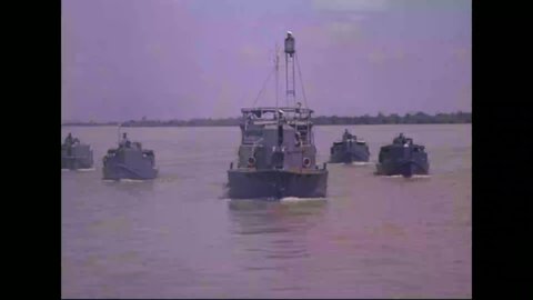 CIRCA 1962 - South Vietnamese Navy boats and ships at sea and on the rivers, guns loaded and fired.