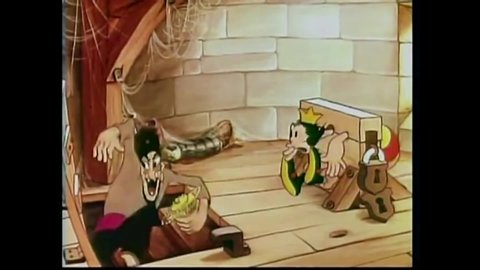 CIRCA 1939 - In this animated film, Aladdin defeats an evil wizard in a magic swordfight, frees Princess Olive Oyl from the stockade.