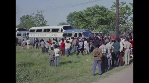 CIRCA 1968 - People disembark from Greyhound buses for the Poor People's March on Washington.