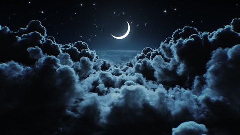 Beautiful Moon in the Skies. Flying Over the Infinite Clouds with the Night Moon Shining Seamless. Looped 3d Animation with Moonlight Over the Horizon. 4k Ultra HD 3840x2160.