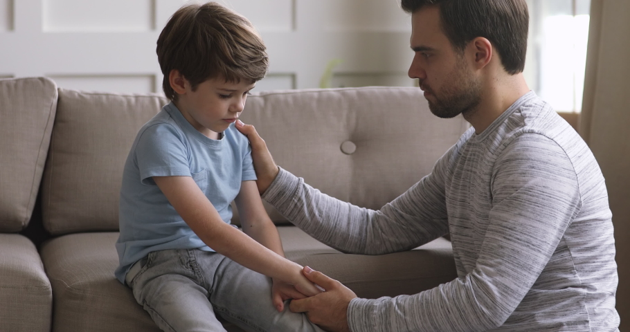 Young father holding hand, stroking shoulder of little child son, asking for forgiveness, apologizing at home. Compassionate dad helping small kid boy coping with bullying, sincerely talking indoors. | Shutterstock HD Video #1049193892