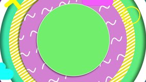 Animation of retro hypnotic motion of pastel yellow, pink, green and blue circles and abstract geometric shapes moving in seamless loop in repetition on pastel background. Movement and repetition - Powered by Shutterstock - Get 15% off with code: PIKWIZARD15