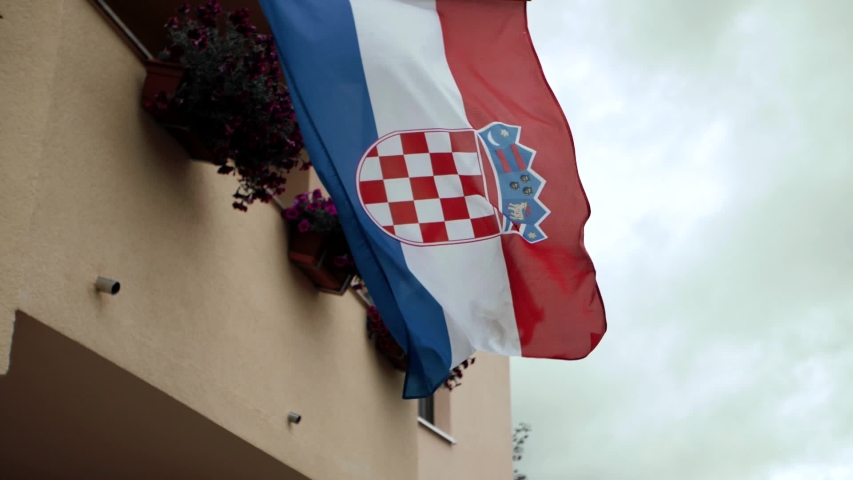 Croatian flag waving on strong wind in slow motion