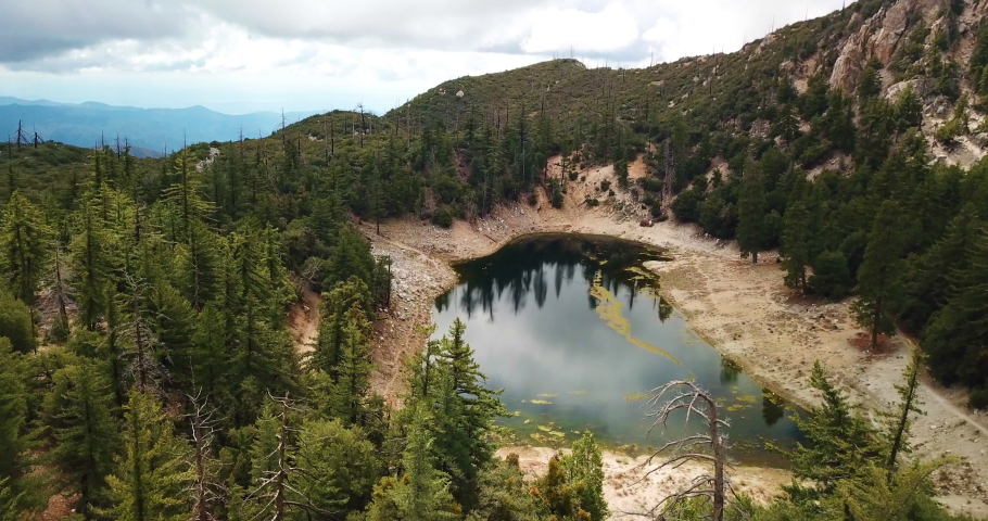 Aerial over Crystal Lake in Angeles National Forest California