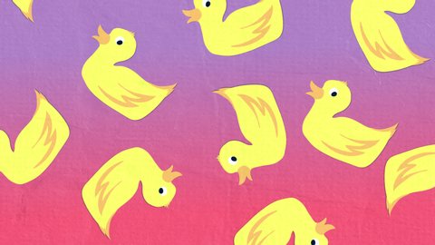 Animation of multiple rows of yellow ducks falling in seamless loop in hypnotic motion on gradient purple to pink background. Movement and repetition concept digitally generated image.