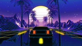 80s retro futuristic sci-fi seamless loop with vintage car. Riding in retrowave VJ videogame landscape, neon lights and low poly grid. Stylized cyberpunk vaporwave 3D animation background. 4K