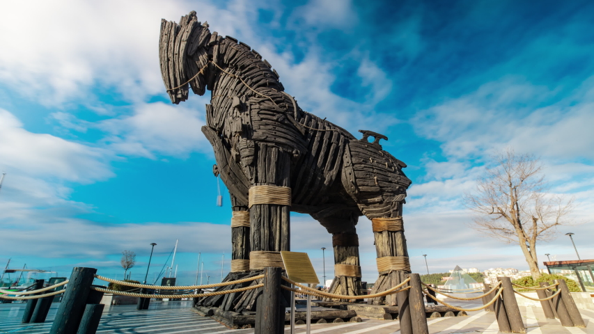 Time lapse of famous historic wooden Trojan (Troy) Horse monument in Canakkale Royalty-Free Stock Footage #1049210947
