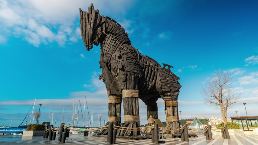 Time lapse of historic wooden Trojan (Troy) Horse monument in Canakkale