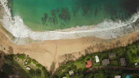 A hypnotic video of beauty of tropical nature -Ocean surf rolling on sandy shore. Topdown aerial shooting, 4K. The beach is surrounded by greenery and many small houses seen on the shore. Hawaii.Haena
