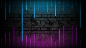 Blue purple neon laser lines on grunge brick wall. Abstract rays technology retro motion background.looping. Video animation Ultra HD 4K 3840x2160