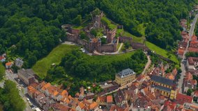 Aerial view of the old city Wertheim am Main in Germany. On a sunny day in summer.