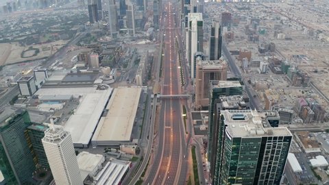 Dubai, UAE - Mar 2020: Aerial view of Sheikh Zayed Road during morning with empty roads and skyscrapers