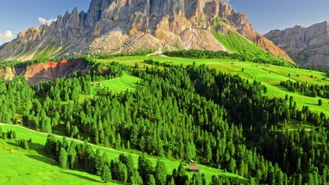 Aerial view of Passo delle Erbe at sunset in Dolomites