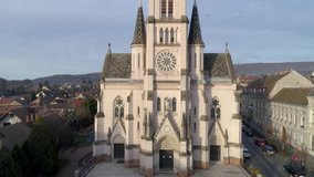 Aerial video of beautiful Churh in Koszeg, Hungary