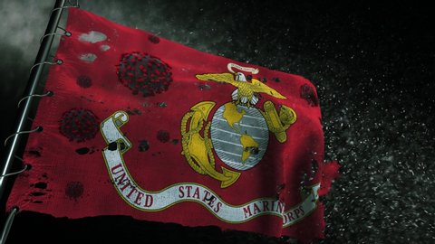 The flag of USA Marine is torn and marked with the virus of covid-19 or corona