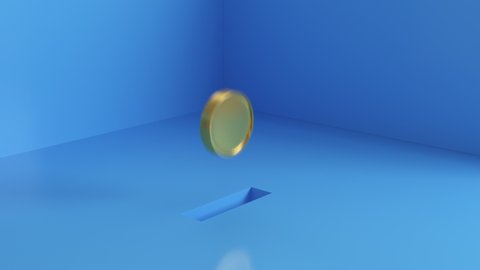 3d animation. A gold coin falls into the hole of a moneybox. Buisness concept.  Isometric scene.