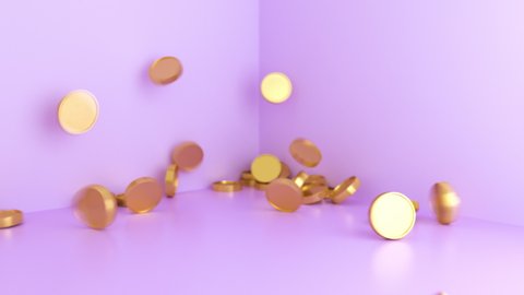 3d animation. Gold coins falling down on purple background. Isometric scene. Buisness concept.
