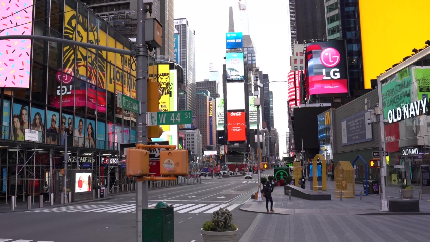 New York City, New York / USA - march 28 2020:
Empty Times Square in New York City during pandemic coronavirus outbreak in United States of America  