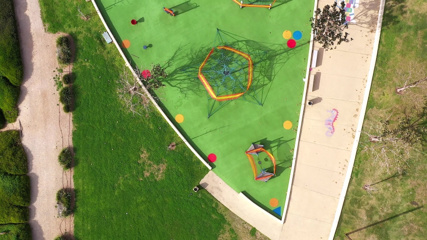 Corona days, Empty public playground, Top down aerial view.