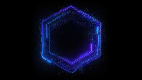 Seamless loop. Animation of a hexagonal electric portal with changing color consisting of lightning, energy and particles isolated on black background with alpha luma matte VFX CG 4k. Sci-fi. 