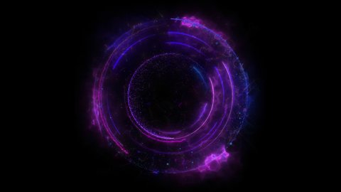Seamless loop. Animation of a violet geometric round portal consisting of particles and energy trails isolated on black background with alpha luma matte VFX CG 4k. Space door. Sci-fi. Futuristic.