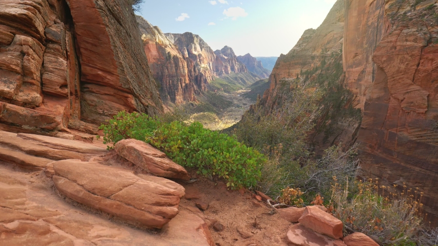 Camera moves over cliff overlooking the canyon. Zion National Park, Utah, USA