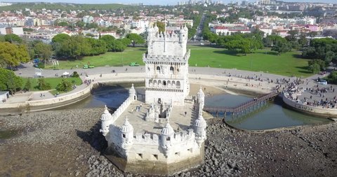 Belem, Lisbon, Portugal - October 15th 2019: Aerial View of Belém Tower, a Landmark 16th-century Fortification Located in Lisbon that Served both as a Fortress and as a Ceremonial Gateway to Lisbon. 