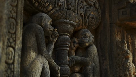 Details of Parambanan hindu temple, monkies, lions, concrete structures, Java Indonesia
